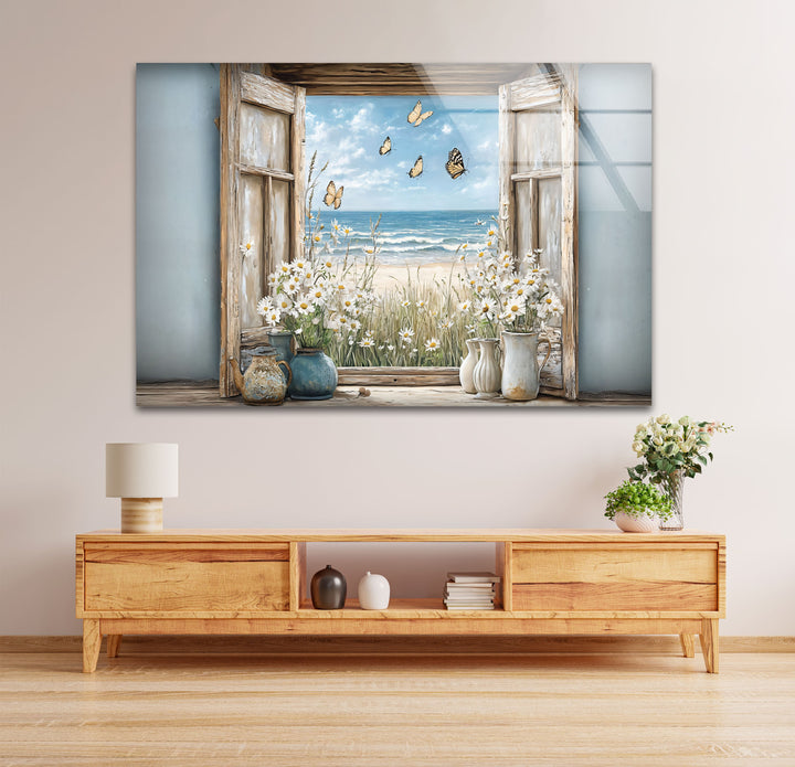 Butterfly Breeze – Window Flower & Ocean View Glass Wall Art