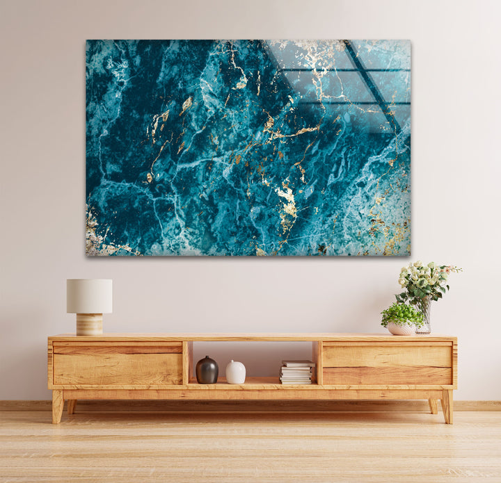 Turquoise Veins – Deep Ocean Blue Glass Wall Art