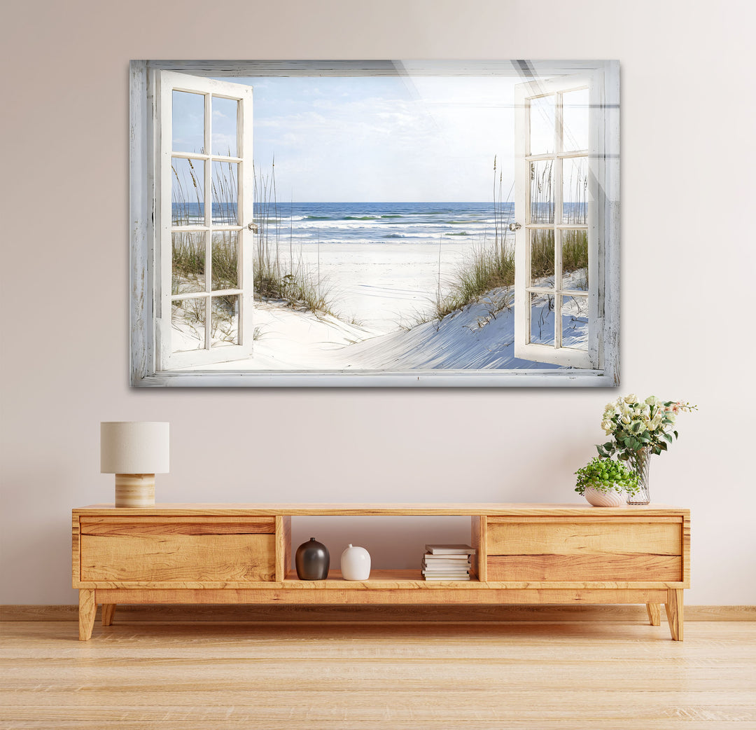 White Sands Serenity – Open Window Coastal Glass Wall Art