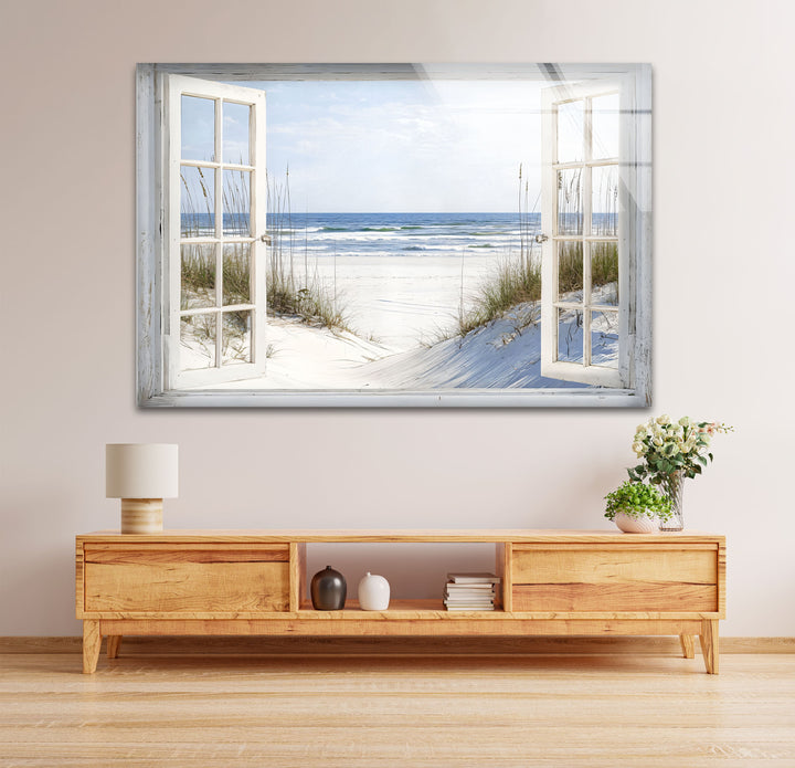 White Sands Serenity – Open Window Coastal Glass Wall Art