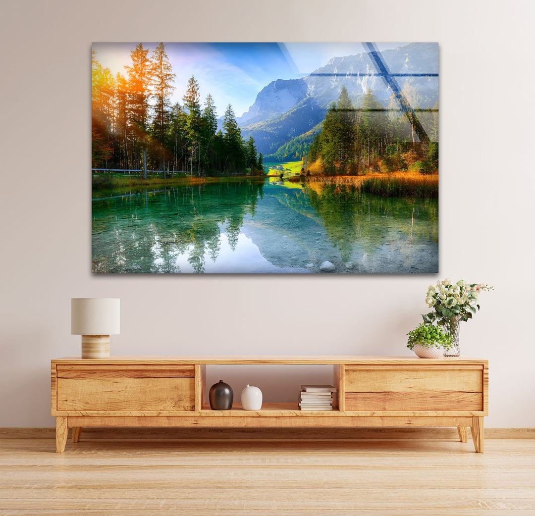 Tranquil Reflections – Alpine Lake and Mountain View Glass Wall Art