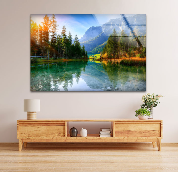 Tranquil Reflections – Alpine Lake and Mountain View Glass Wall Art