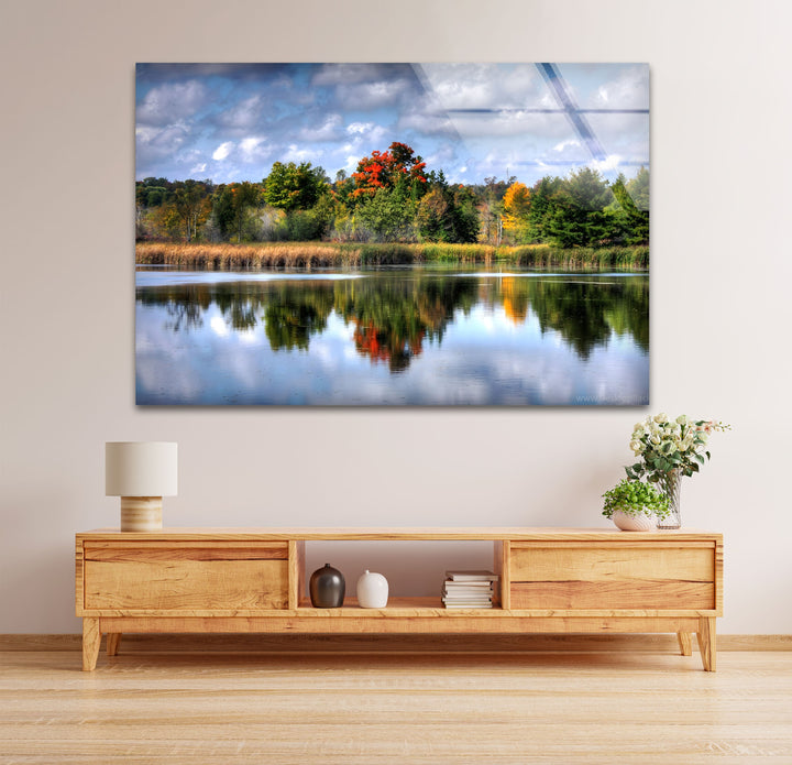 Autumn Reflections – Scenic Forest Lake Glass Wall Art