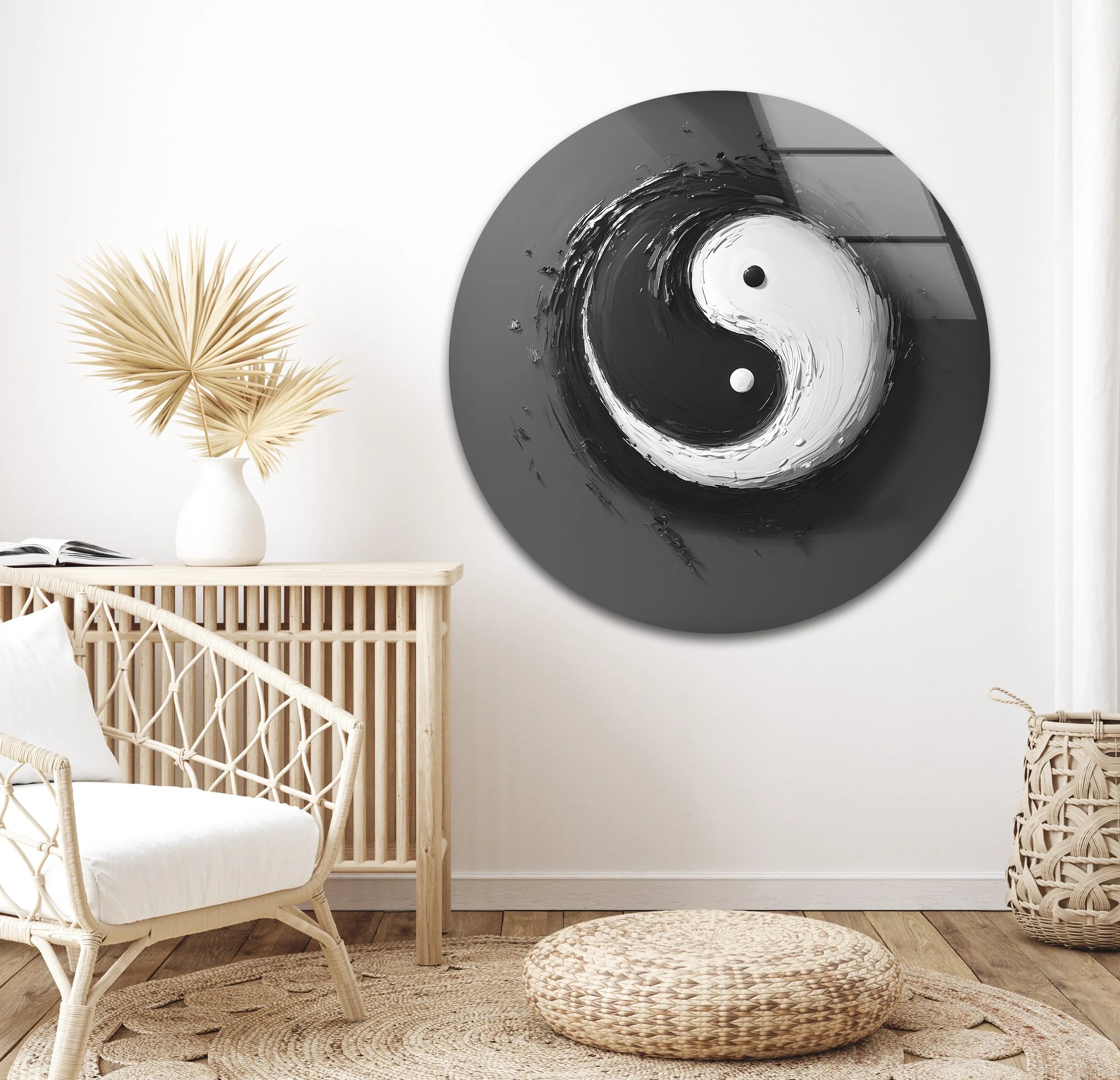 Yin Yang Harmony Glass Wall Art | Black and White Symbolic Artwork