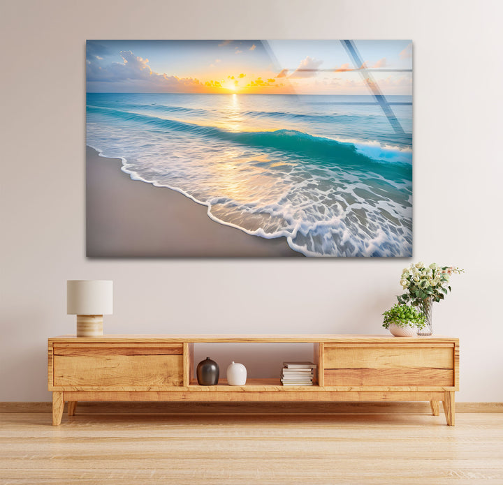 Serene Shoreline – Sunset Ocean Glass Wall Art