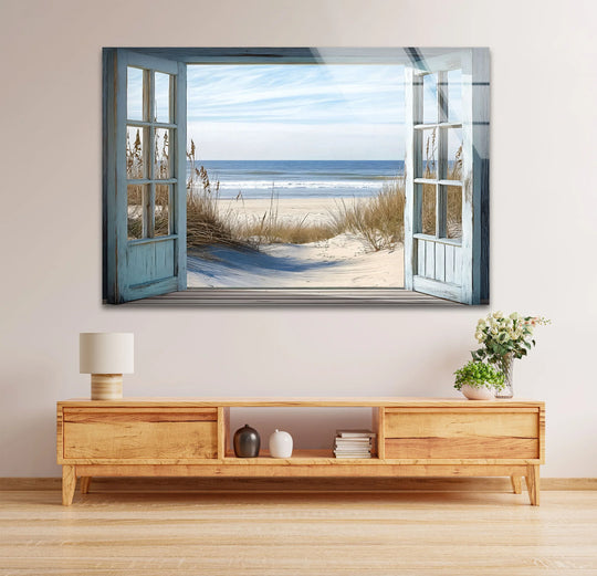 Featuring a weathered blue border, this ocean view print wall art evokes a coastal window, adding depth and rustic charm to this wall decoration.