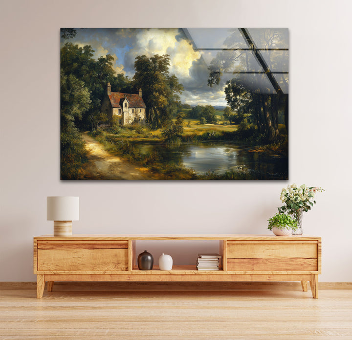 Cottage by the Pond – Vintage Countryside Landscape Glass Wall Art
