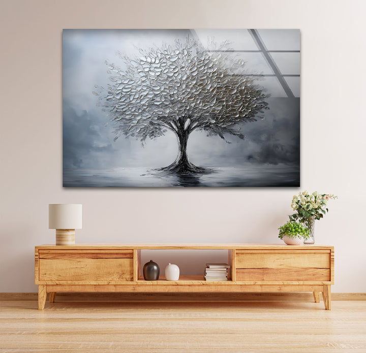 Silver Serenity – Moderne strukturierte Baumglas-Wandkunst