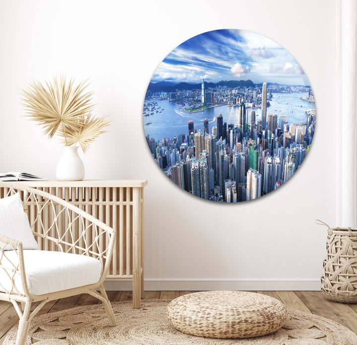 Glaswandkunst mit Skyline von Hongkong – Stadtbild und Hafenblick aus der Luft