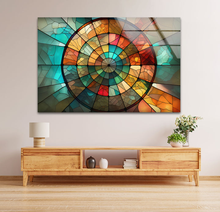 Rustikale Mosaik-Wandkunst aus Buntglas – Erdiges rundes Fensterdesign