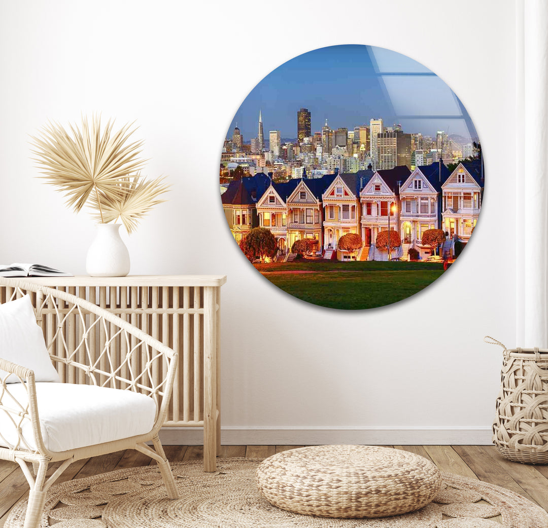 San Francisco Glaswandkunst – Painted Ladies &amp; Skyline der Stadt