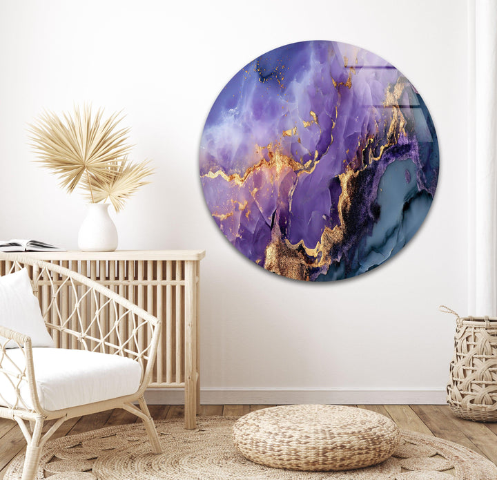 purple alcohol ink round glass wall art