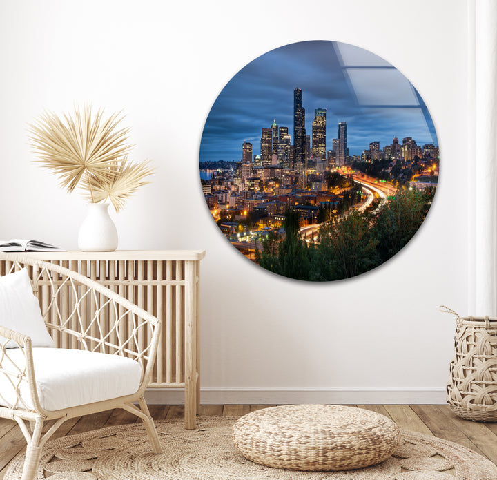 Seattle Skyline Glaswandkunst – Atemberaubender Blick auf die Innenstadt von Seattle bei Nacht