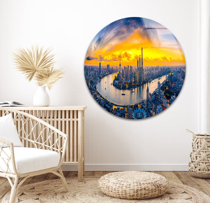 Glaswandkunst mit Skyline von Shanghai – Luftaufnahme des Stadtbilds bei Sonnenuntergang
