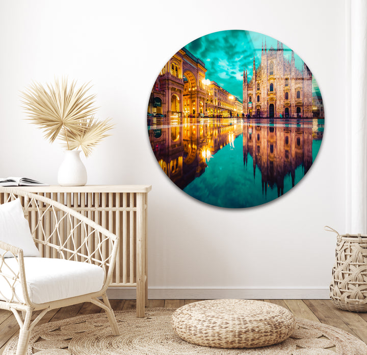 Glaswandkunst mit Stadtbild von Mailand – Spiegelbild der berühmten Domkathedrale und der Galleria Vittorio Emanuele