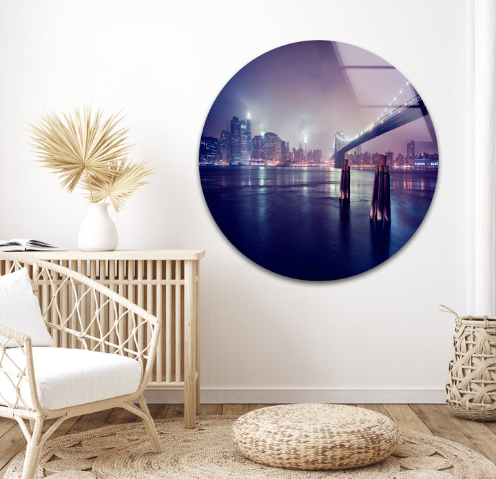 Brooklyn Bridge Glaswandkunst – Atemberaubende Skyline von New York bei Nacht mit Brooklyn Bridge