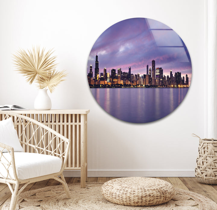 Glaswandkunst mit der Skyline von Chicago – Atemberaubender Blick auf die Innenstadt von Chicago bei Sonnenuntergang