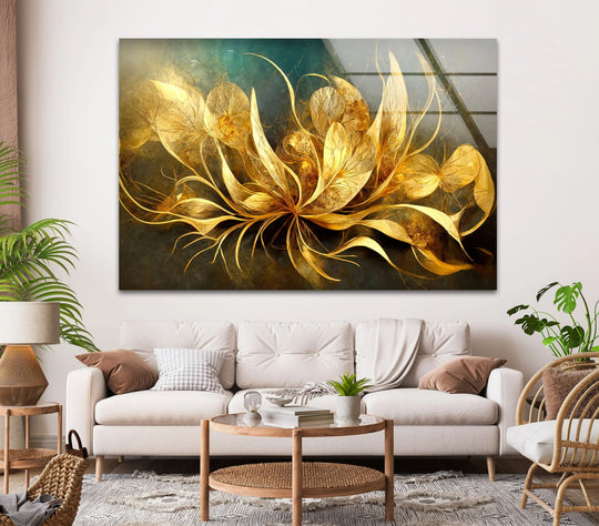 Framed brown and beige flower glass wall art with subtle borders showcasing a golden floral design on dark backgrounds.