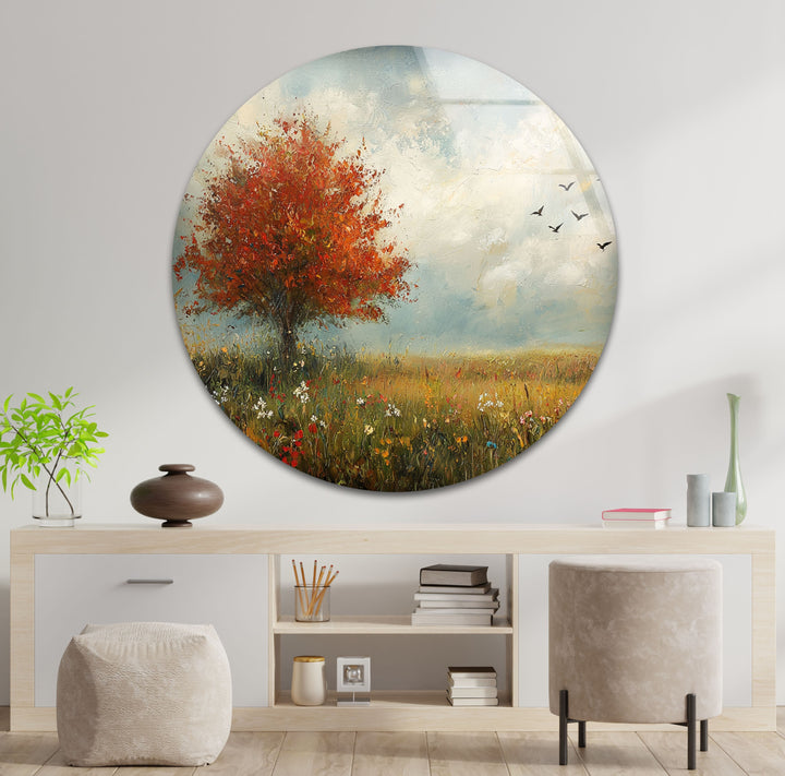 Golden Meadow Breeze – Red Tree in Bloom Glass Wall Art