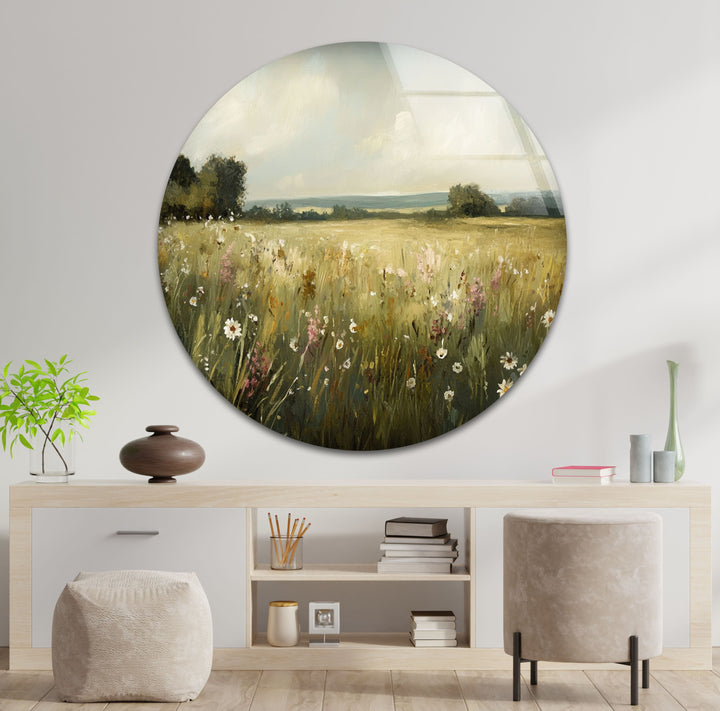 Golden Meadow Breeze – Wildflower Field in Soft Sunshine Glass Wall Art