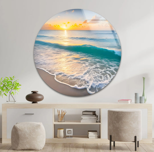 Foreground detail highlights the sandy beach meeting foamy waves in the Serene Shoreline sunset ocean glass wall art, perfect for beach-themed home decor.