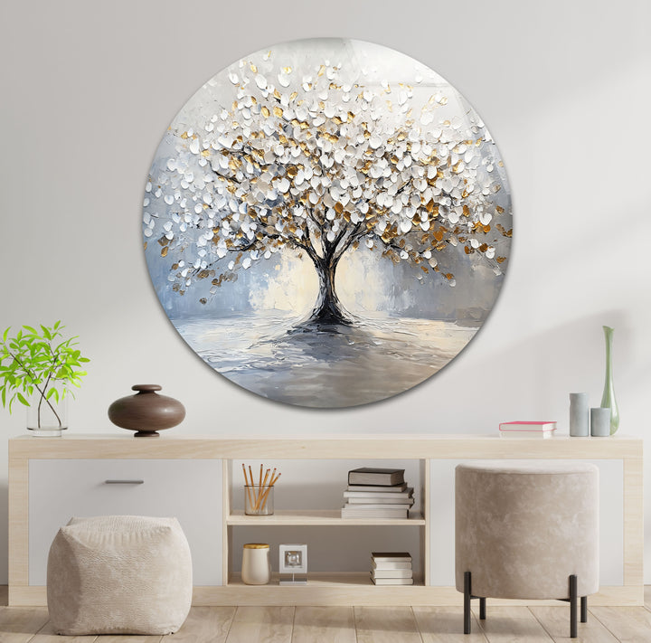 Golden Blossom Tree – Elegant White and Gold Glass Wall Art