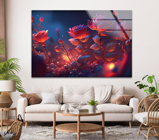 Vivid red roses glow in the brightest area of this stunning floral glass wall art for home decoration.