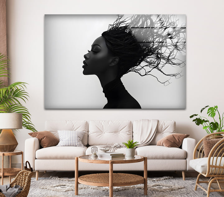 Abstract Profile Portrait – Black & White Woman with Flowing Hair Wall Art