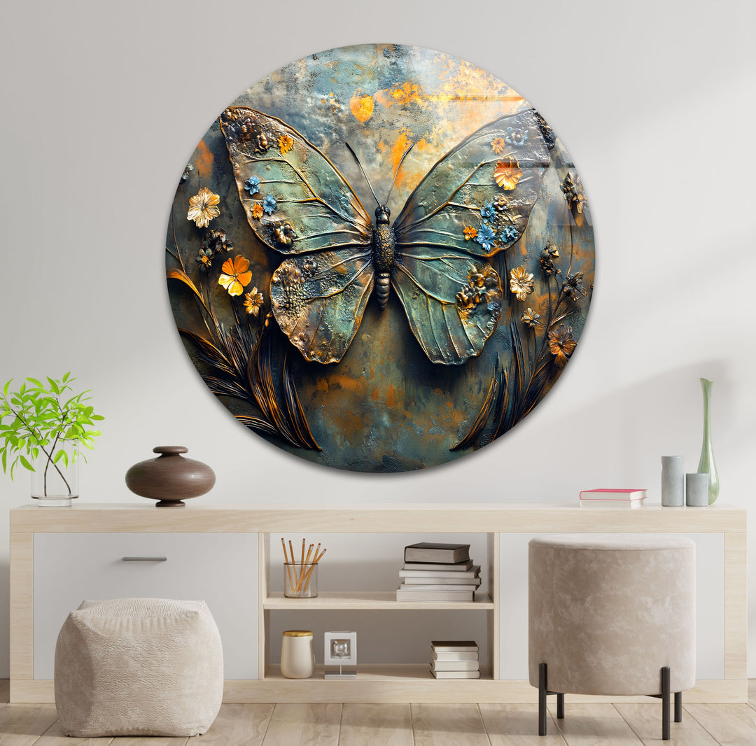 Blühende Flügel – Metallischer Schmetterling mit floralen Akzenten, Glaswandkunst
