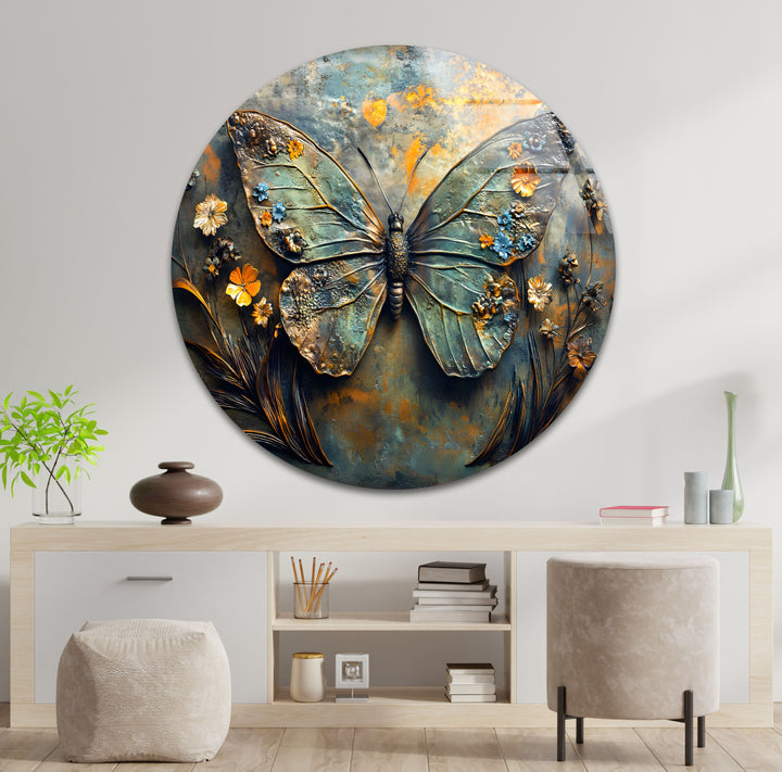 Blühende Flügel – Metallischer Schmetterling mit floralen Akzenten, Glaswandkunst