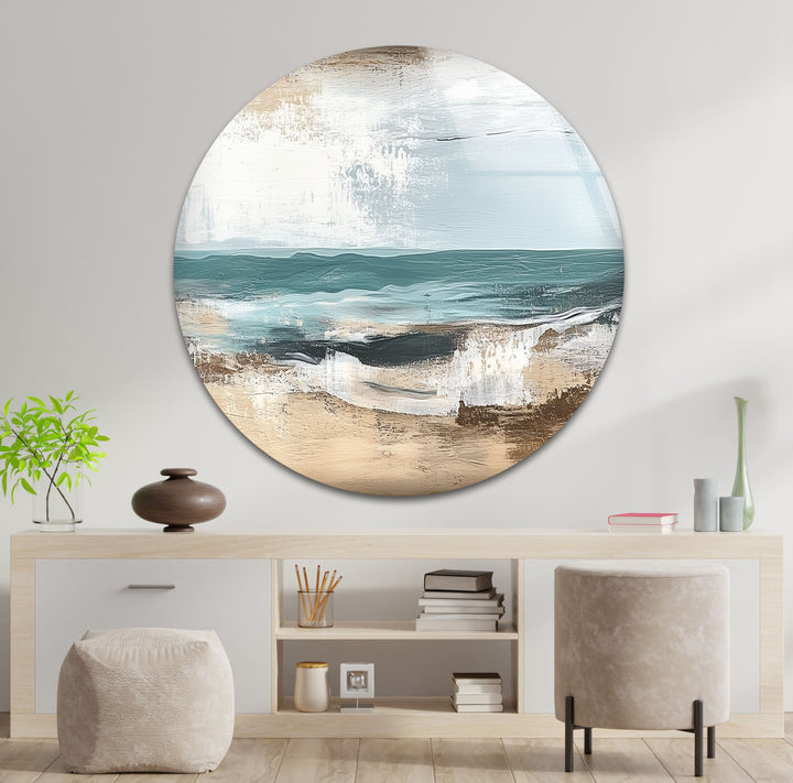 Tranquil Shoreline – Textured Coastal Horizon Glass Wall Art