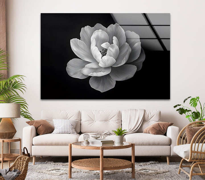 Striking black and white flower design printed on premium glass wall art for modern interiors.