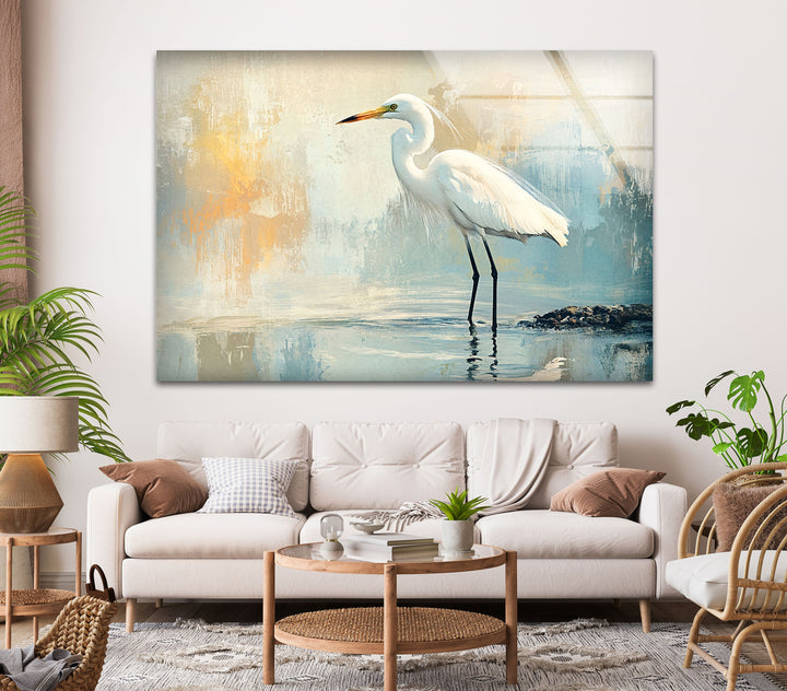 Whispering Waters – Minimalistische Reiher-Wandkunst aus Glas