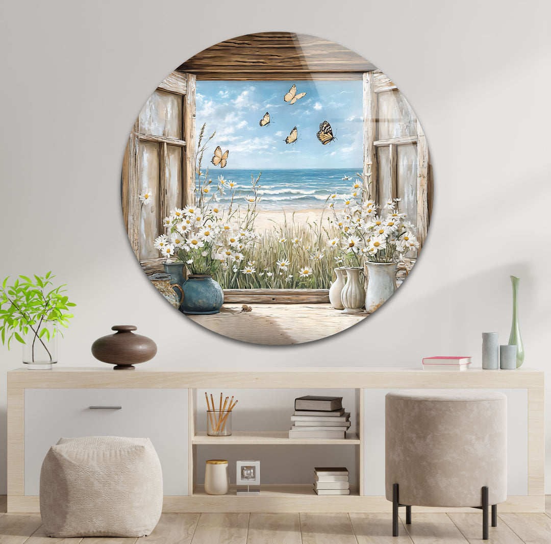 Butterfly Breeze – Window Flower & Ocean View Glass Wall Art