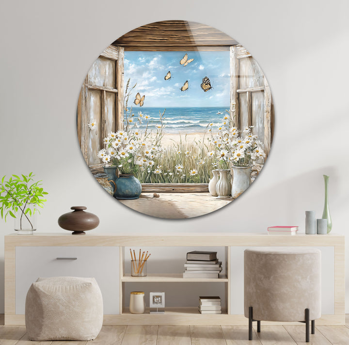 Butterfly Breeze – Window Flower & Ocean View Glass Wall Art