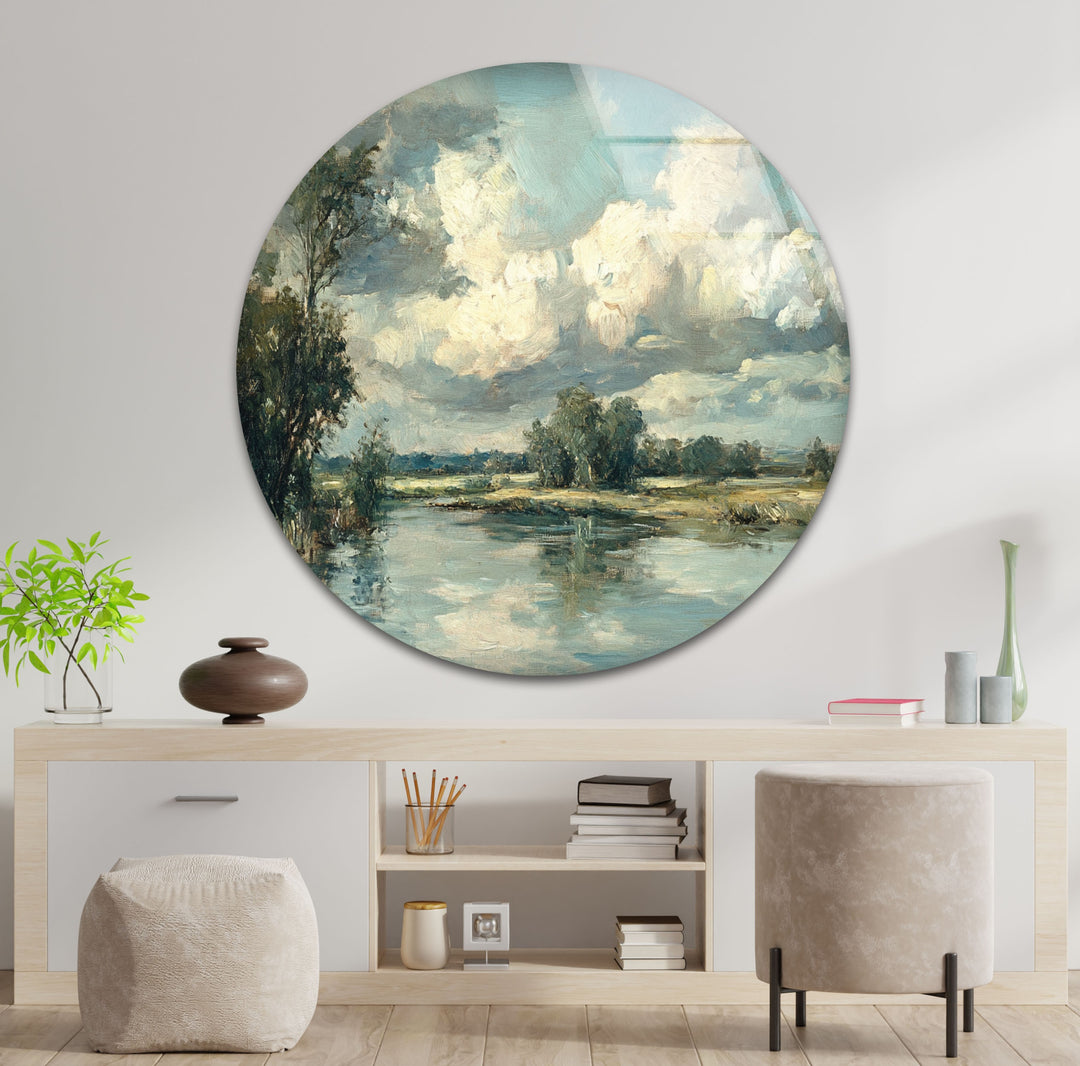 Tranquil Reflections – Serene Countryside River Glass Wall Art