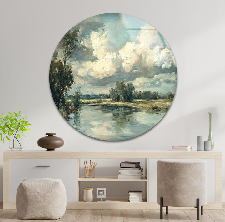 Tranquil Reflections – Serene Countryside River Glass Wall Art
