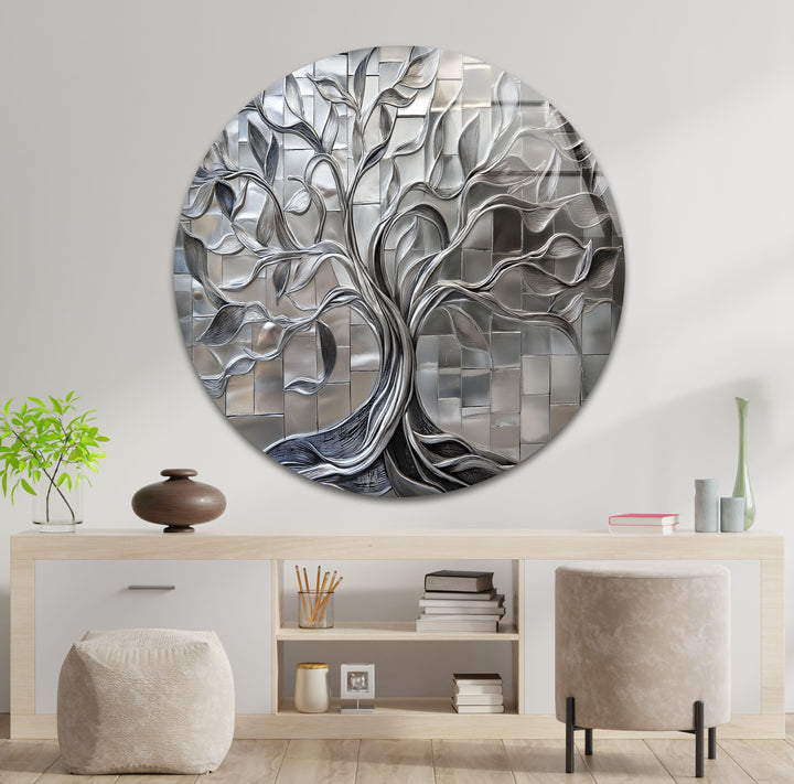 Radiant Silver Tree – Geometric Tile Design Glass Wall Art