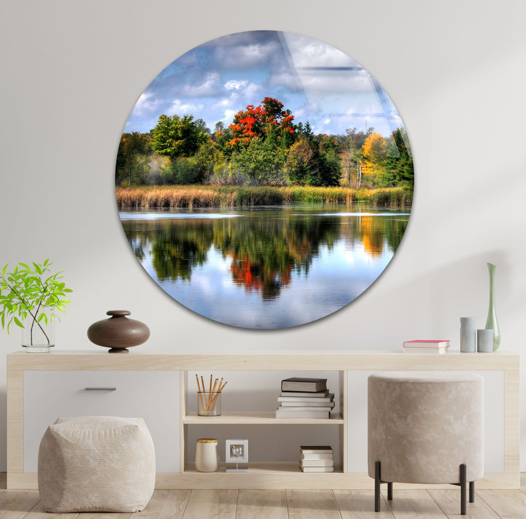 Autumn Reflections – Scenic Forest Lake Glass Wall Art