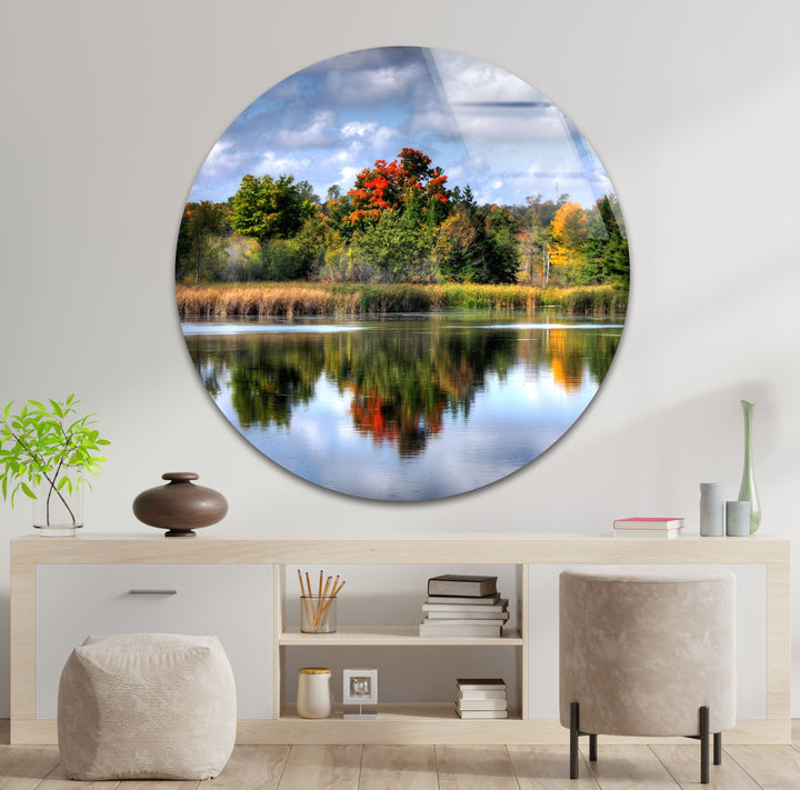 Autumn Reflections – Scenic Forest Lake Glass Wall Art