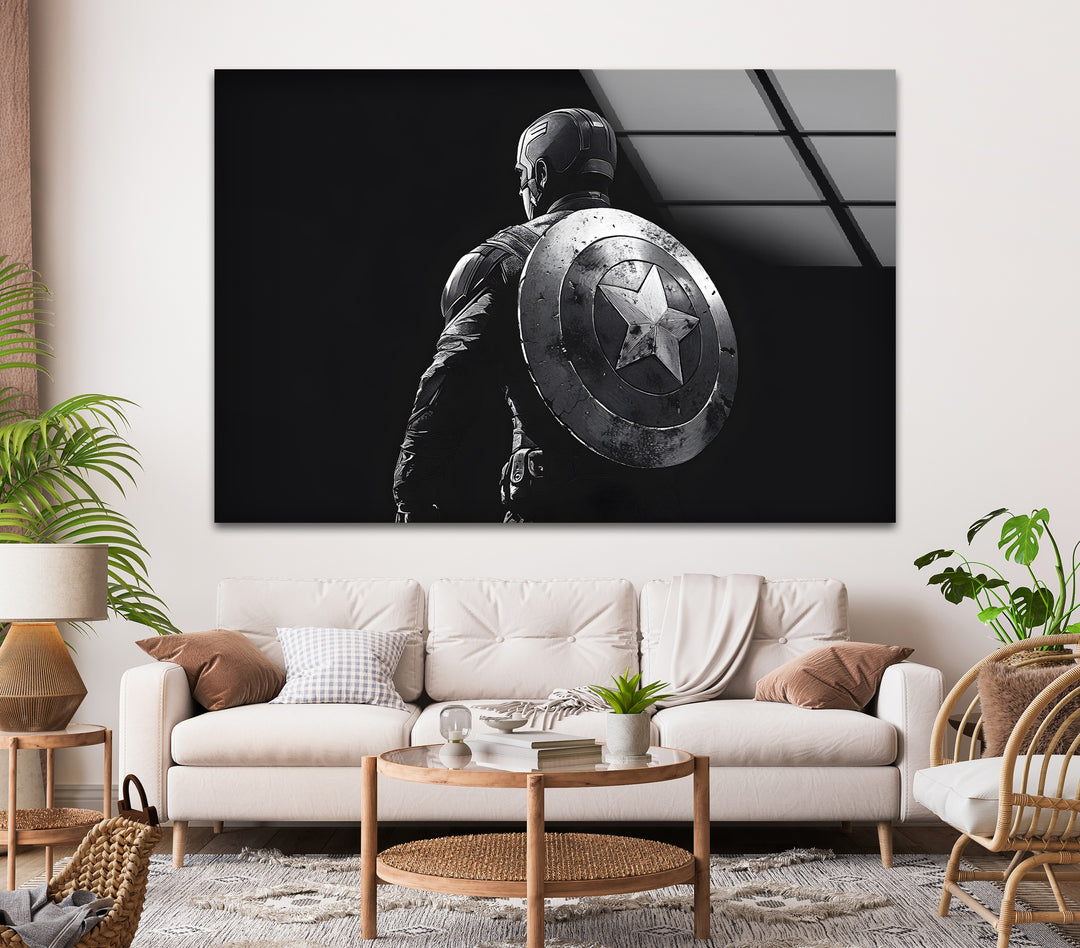 Captain America: Heroic Stance on Glass Wall Art in Black and White
