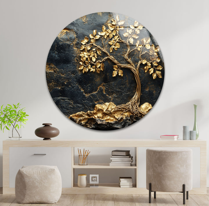 Golden Roots Tree – Strukturierte Luxus-Wandkunst aus Glas