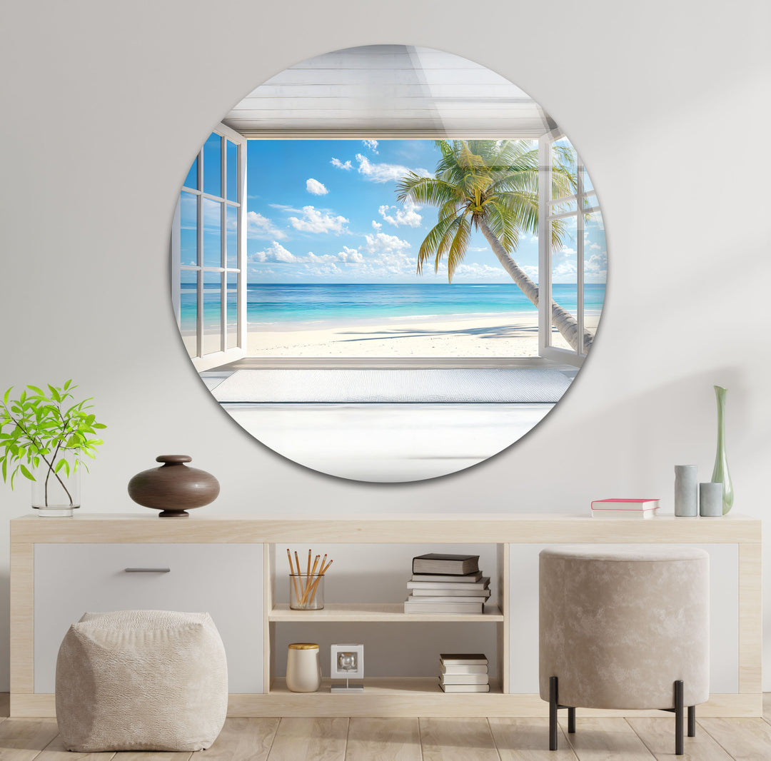 Tropical Escape – Palm Tree Ocean View Glass Wall Art
