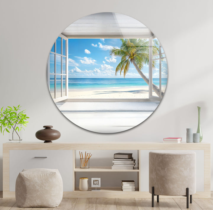 Tropical Escape – Palm Tree Ocean View Glass Wall Art