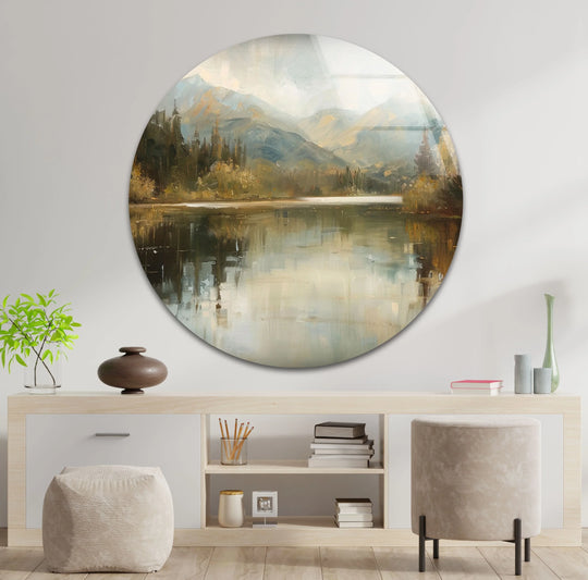 Subtle light and shadow highlight the misty lake scene in this glass wall art, creating a tranquil home decor feel as it reflects the mountain's stillness.