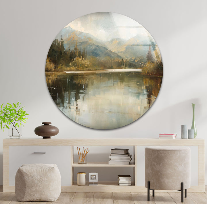 Tranquil Mountain Reflection – Misty Lake Scene Glass Wall Art