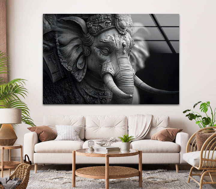 A spiritual and serene black and white glass wall art of Ganesha, perfect for modern and peaceful decor.
