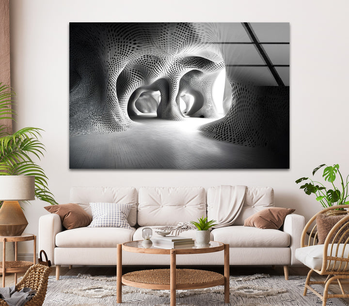A visually captivating black and white glass wall art piece blending modern architecture with abstract depth and contrast.
