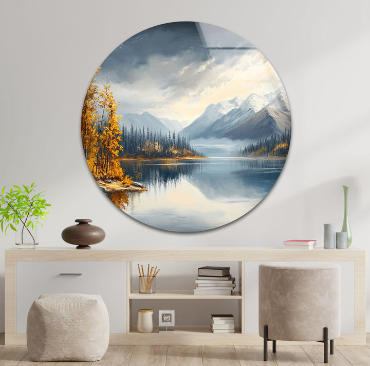 Snow-Capped Mountains and Autumn Trees - Glass Wall Art