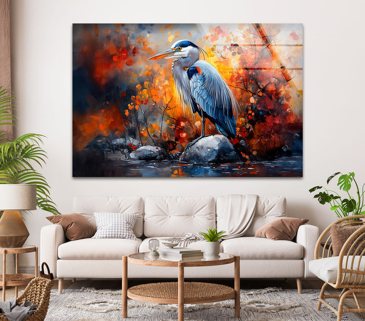 Herbstmajestät – Reiher im feurigen Laub Glaswandkunst